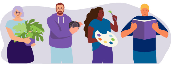 Colourful drawing of four people holding up their favourite hobby item, like a pot plant, paintbrush, or a book.