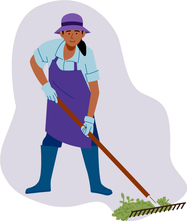 Colourful drawing of a person in a hat and gardening gear with a rake, gathering fallen leaves.