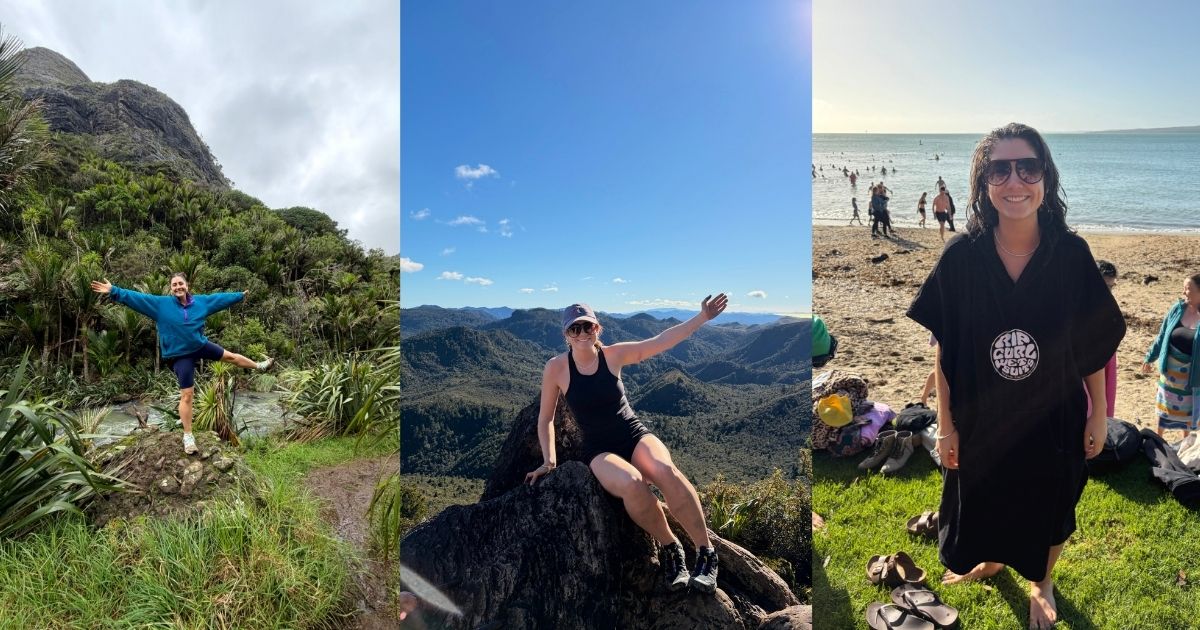 Collage of three photos, in two of them Mia is posing against hilly landscapes and in one she is at the beach.