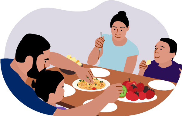 Colourful drawing of a family of four at the dinner table, about to start their meal.