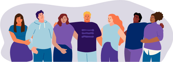 Colourful illustration of seven people in a group hug.