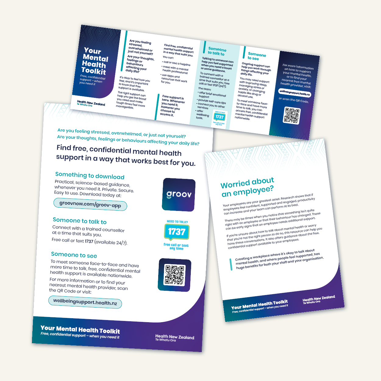 Three printed resources about the 'Your mental health' toolkit.