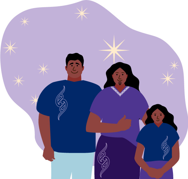 Colourful drawing of a family of three under a starry night sky.
